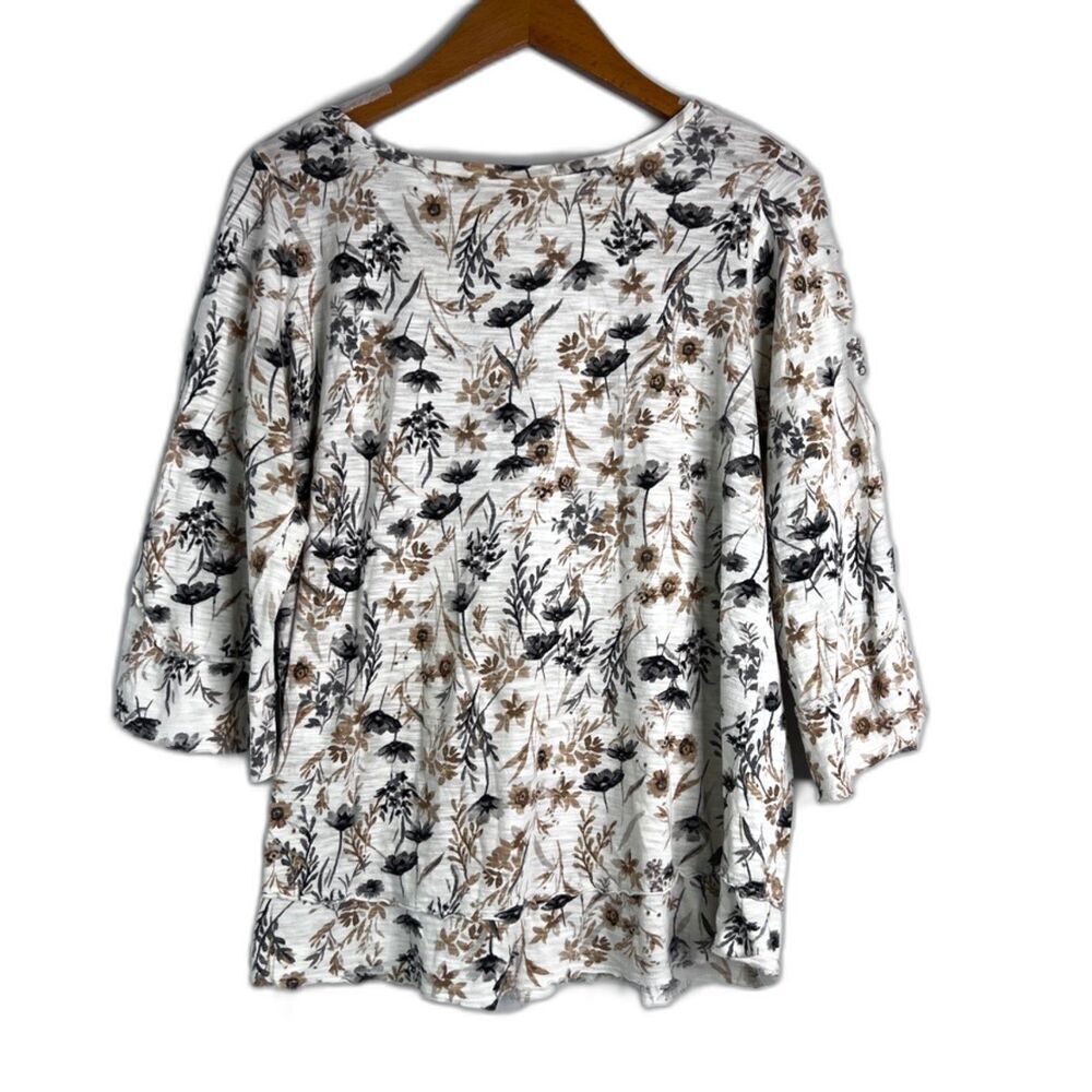J. Jill‎ White Floral Print 3/4 Sleeve Rough Edge Pullover Blouse Size Small